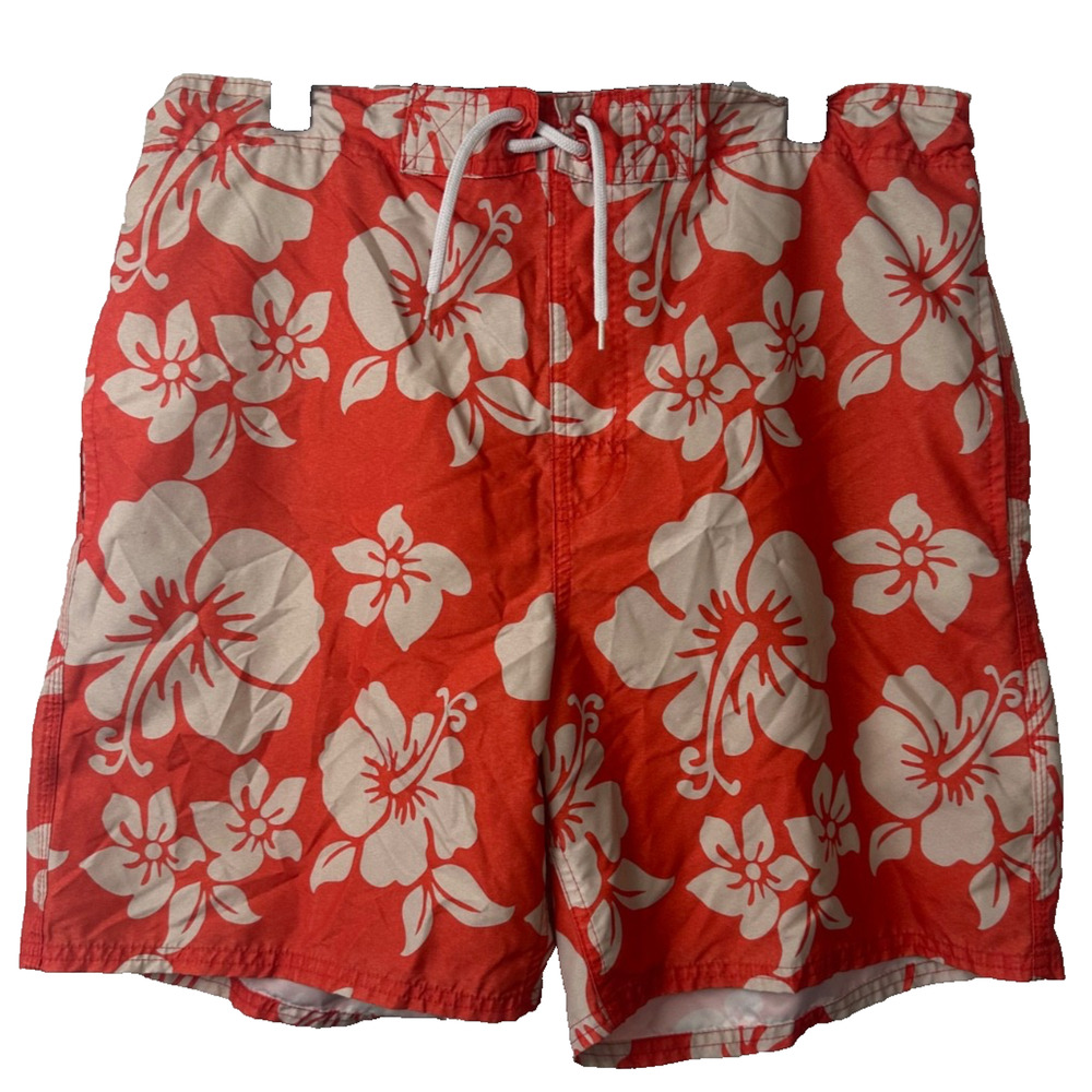 Monument Mens Swim Trunks L Orange Floral Drawstring Lined 100% Polyester A50